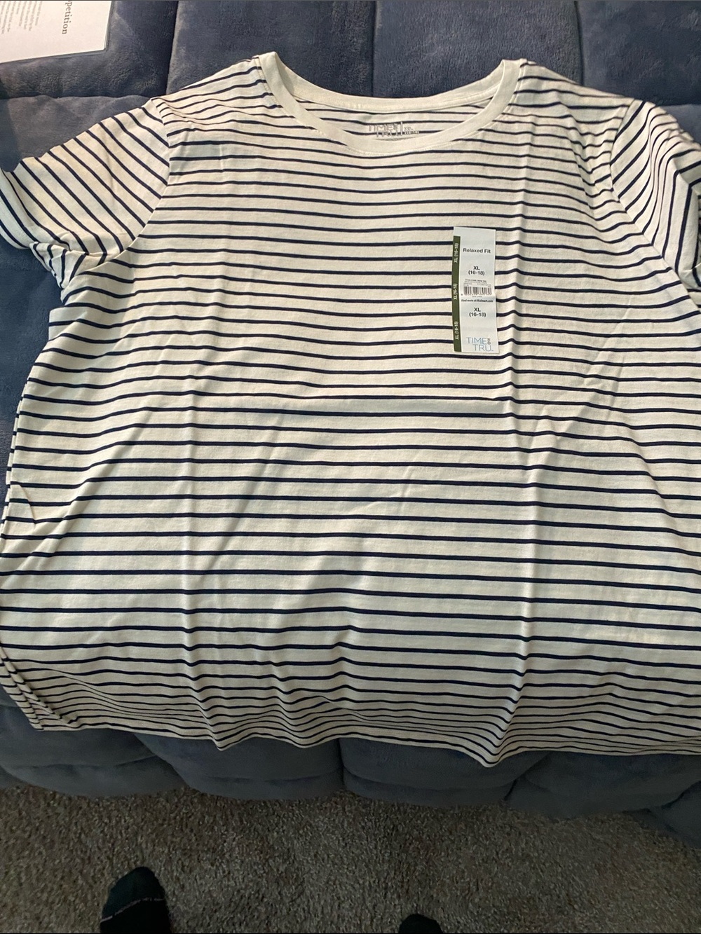 Time and Tru White and Navy Striped Short Sleeve Tee